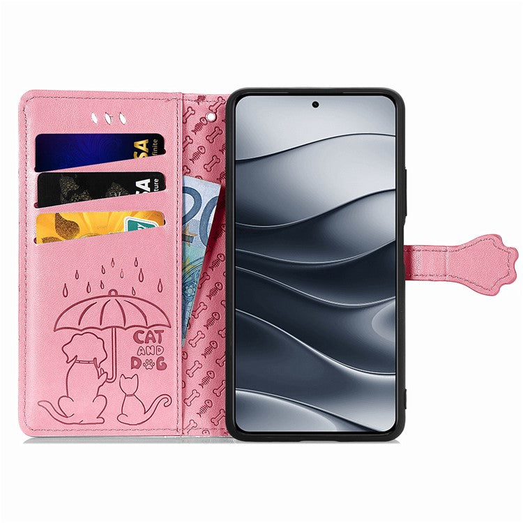 For Xiaomi Redmi Note 14 5G Case Leather Wallet Flip Phone Cover Cute Cat Dog Pattern - Pink