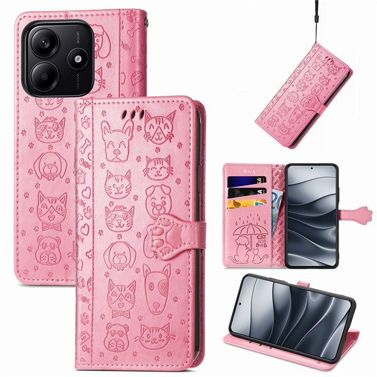 For Xiaomi Redmi Note 14 5G Case Leather Wallet Flip Phone Cover Cute Cat Dog Pattern - Pink