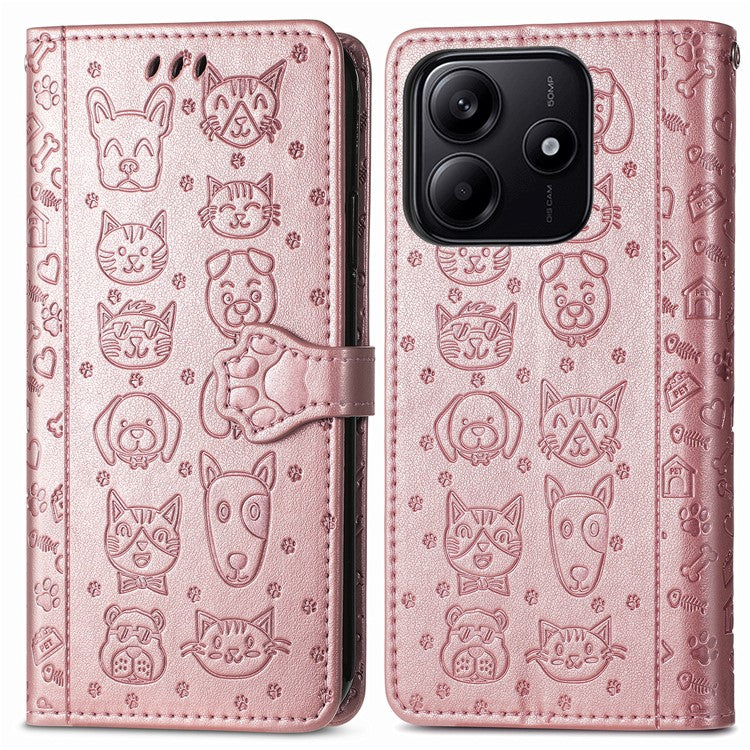 For Xiaomi Redmi Note 14 5G Case Leather Wallet Flip Phone Cover Cute Cat Dog Pattern - Rose Gold