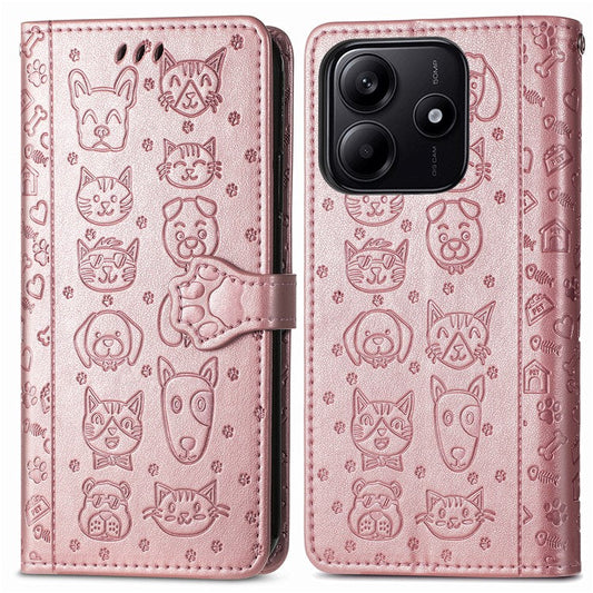 For Xiaomi Redmi Note 14 5G Case Leather Wallet Flip Phone Cover Cute Cat Dog Pattern - Rose Gold