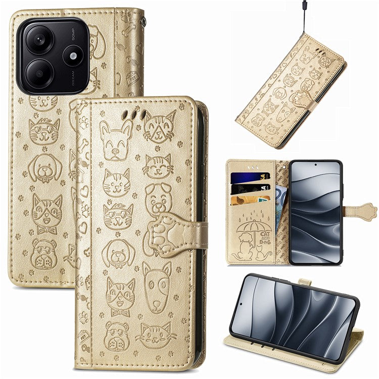 For Xiaomi Redmi Note 14 5G Case Leather Wallet Flip Phone Cover Cute Cat Dog Pattern - Gold