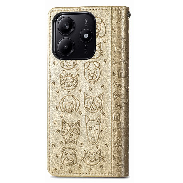 For Xiaomi Redmi Note 14 5G Case Leather Wallet Flip Phone Cover Cute Cat Dog Pattern - Gold