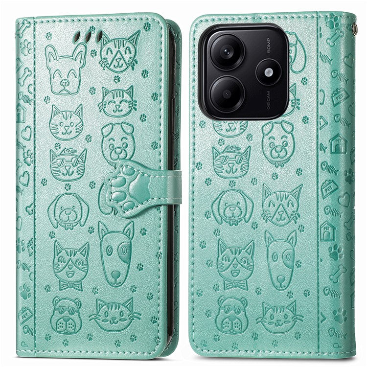 For Xiaomi Redmi Note 14 5G Case Leather Wallet Flip Phone Cover Cute Cat Dog Pattern - Green