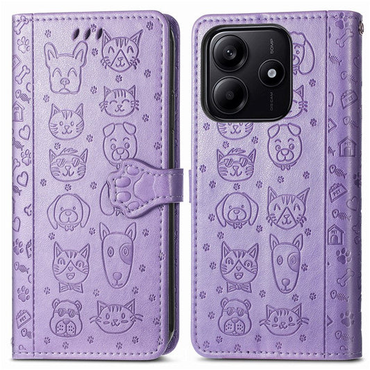 For Xiaomi Redmi Note 14 5G Case Leather Wallet Flip Phone Cover Cute Cat Dog Pattern - Light Purple