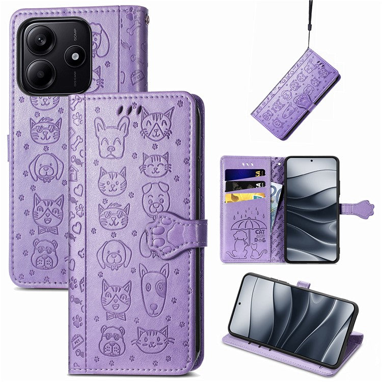 For Xiaomi Redmi Note 14 5G Case Leather Wallet Flip Phone Cover Cute Cat Dog Pattern - Light Purple