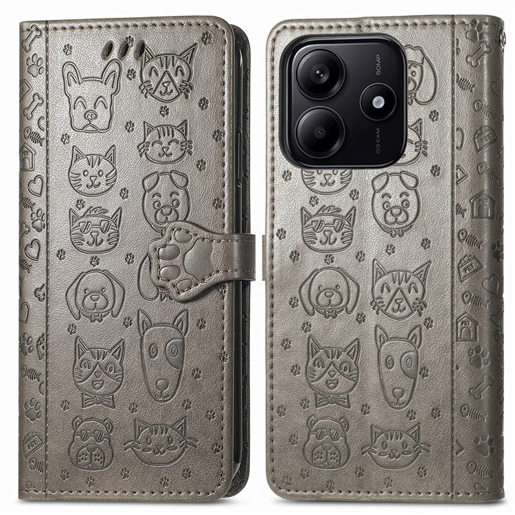 For Xiaomi Redmi Note 14 5G Case Leather Wallet Flip Phone Cover Cute Cat Dog Pattern - Grey