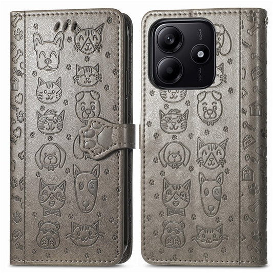 For Xiaomi Redmi Note 14 5G Case Leather Wallet Flip Phone Cover Cute Cat Dog Pattern - Grey
