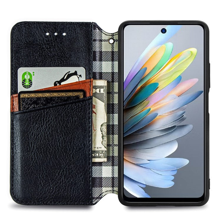 For Xiaomi Redmi Note 14 5G Case Rhombus Imprint PU Leather Wallet Phone Cover - Black