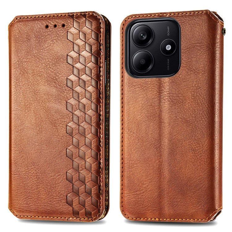 For Xiaomi Redmi Note 14 5G Case Rhombus Imprint PU Leather Wallet Phone Cover - Brown