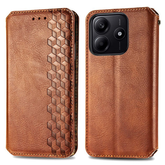 For Xiaomi Redmi Note 14 5G Case Rhombus Imprint PU Leather Wallet Phone Cover - Brown