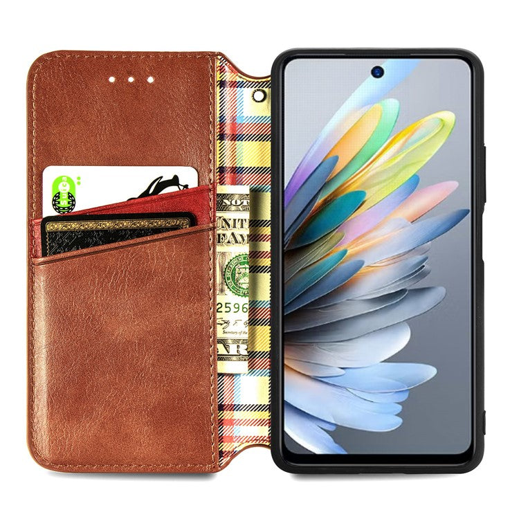 For Xiaomi Redmi Note 14 5G Case Rhombus Imprint PU Leather Wallet Phone Cover - Brown