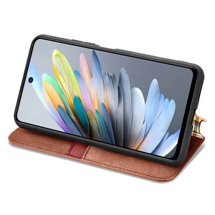 For Xiaomi Redmi Note 14 5G Case Rhombus Imprint PU Leather Wallet Phone Cover - Brown