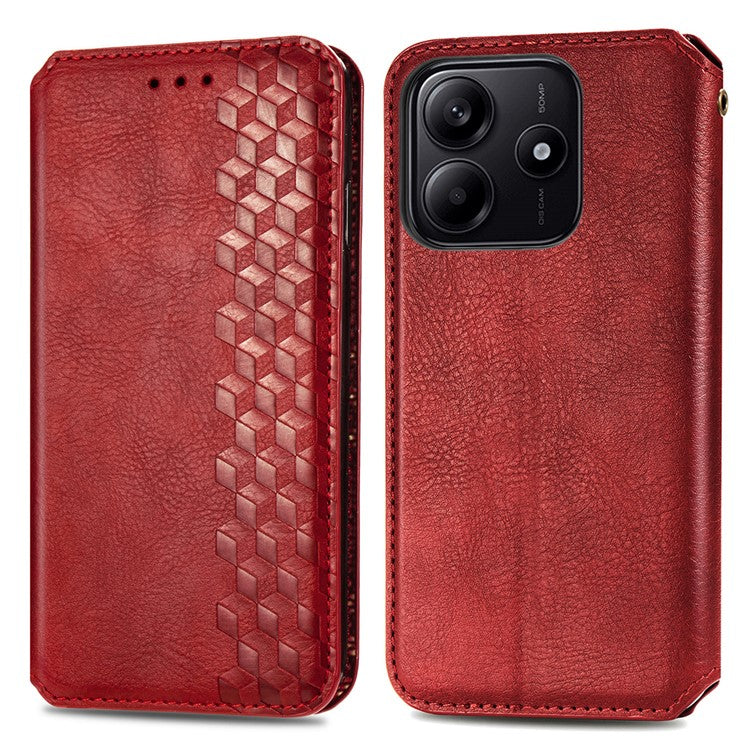 For Xiaomi Redmi Note 14 5G Case Rhombus Imprint PU Leather Wallet Phone Cover - Red