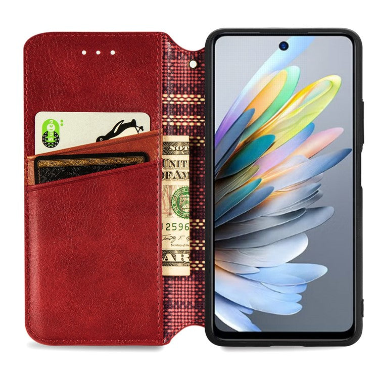 For Xiaomi Redmi Note 14 5G Case Rhombus Imprint PU Leather Wallet Phone Cover - Red