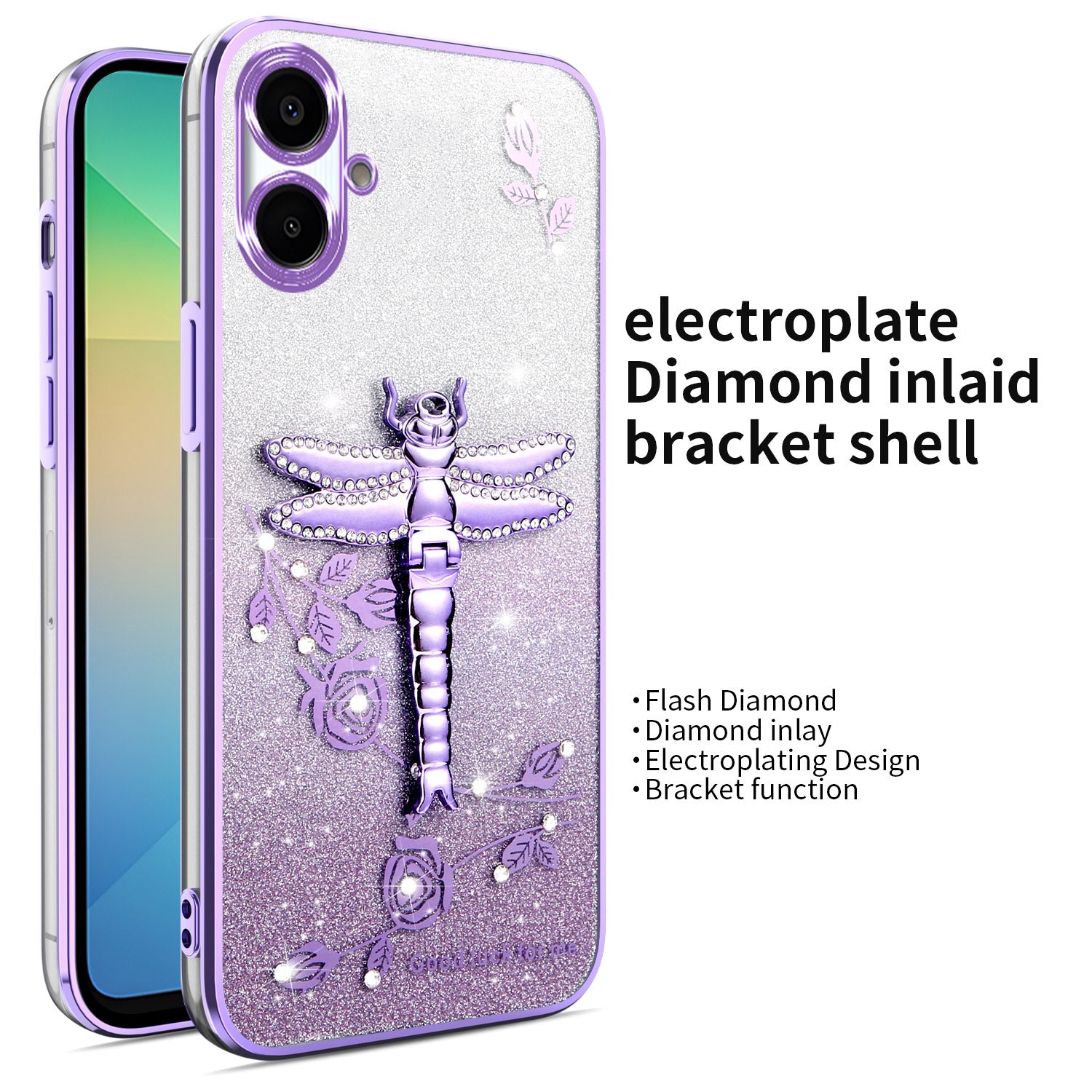 KADEM For Samsung Galaxy A06 Case Dragonfly Kickstand TPU Flowers Glitter Phone Cover - Purple