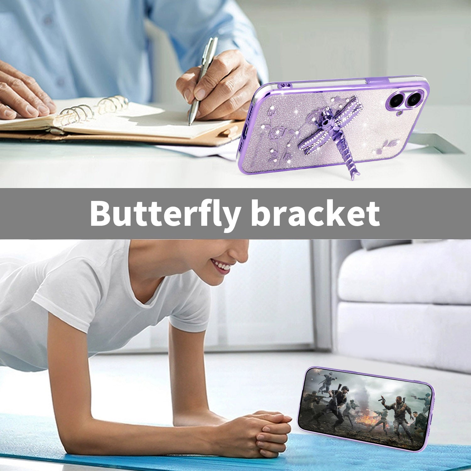 KADEM For Samsung Galaxy A06 Case Dragonfly Kickstand TPU Flowers Glitter Phone Cover - Purple