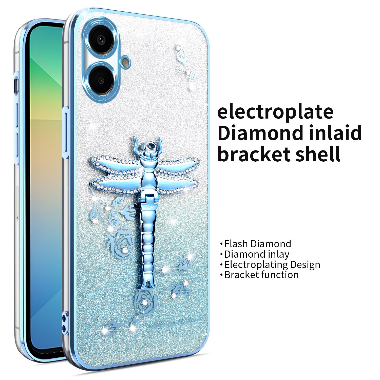 KADEM For Samsung Galaxy A06 Case Dragonfly Kickstand TPU Flowers Glitter Phone Cover - Blue