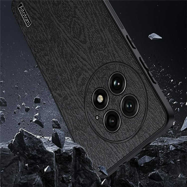 For OnePlus 13 Case Wood Texture PU Leather Coated PC+TPU Phone Cover - Black