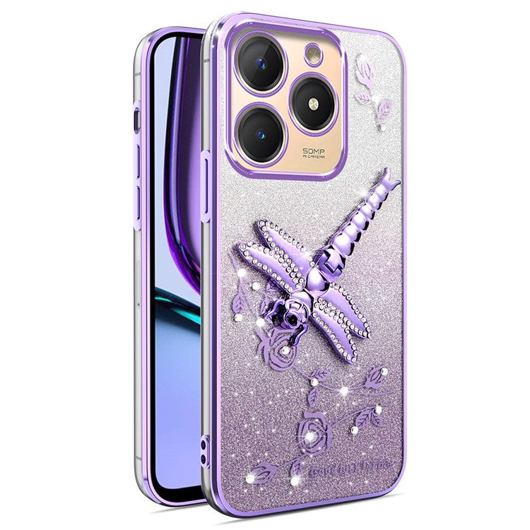 KADEM For Infinix Smart 8 4G Case Dragonfly Kickstand TPU Flowers Glitter Phone Cover - Purple