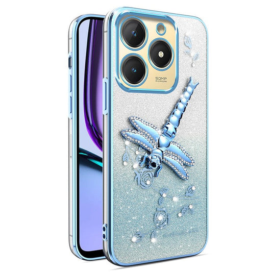 KADEM For Infinix Smart 8 4G Case Dragonfly Kickstand TPU Flowers Glitter Phone Cover - Blue