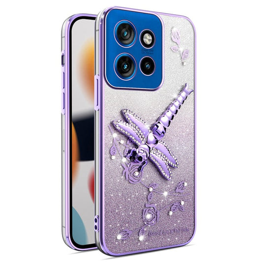 KADEM For Motorola Edge 50 Neo 5G / Moto S50 5G / Thinkphone 25 5G Case Dragonfly Kickstand TPU Flowers Glitter Phone Cover - Purple
