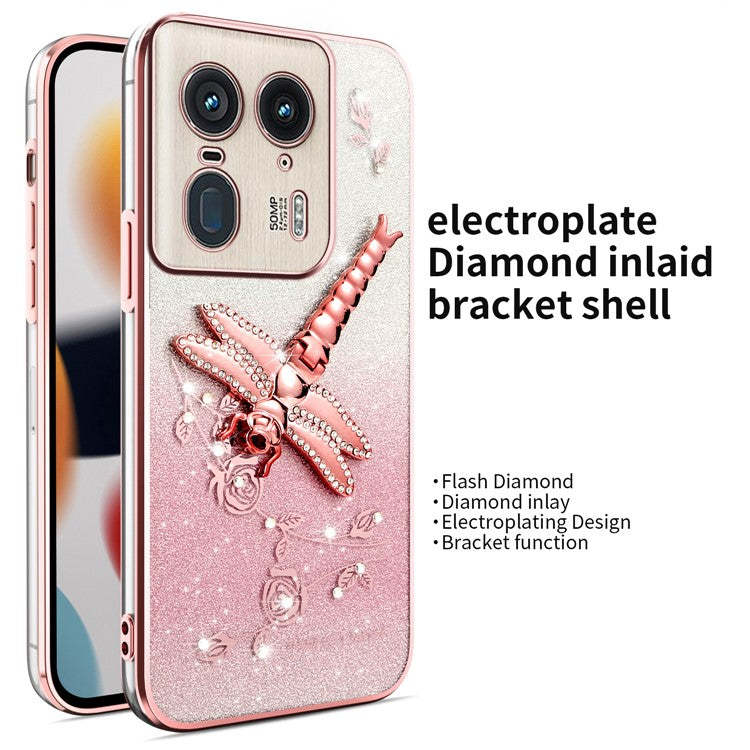 KADEM For Motorola Edge 50 Ultra 5G Case Dragonfly Kickstand TPU Flowers Glitter Phone Cover - Pink