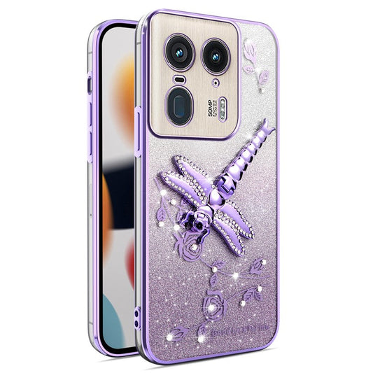 KADEM For Motorola Edge 50 Ultra 5G Case Dragonfly Kickstand TPU Flowers Glitter Phone Cover - Purple