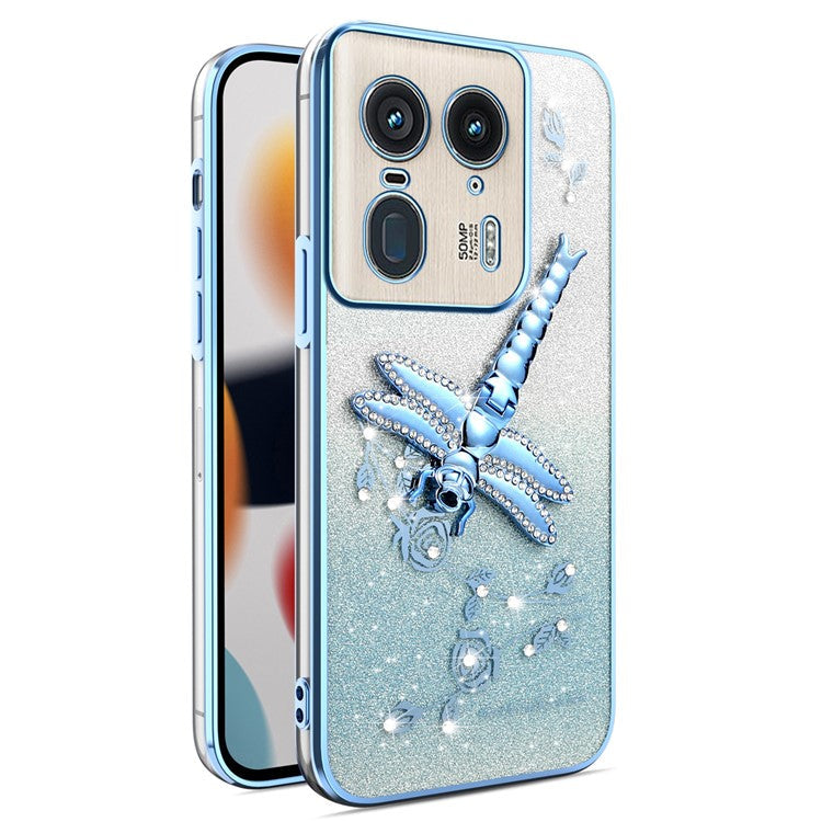 KADEM For Motorola Edge 50 Ultra 5G Case Dragonfly Kickstand TPU Flowers Glitter Phone Cover - Blue