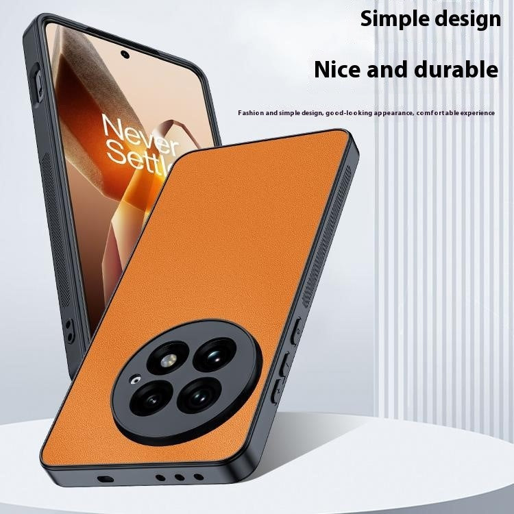 For OnePlus 13 Case PU Leather Coated PC+TPU Anti-Drop Phone Cover - Orange
