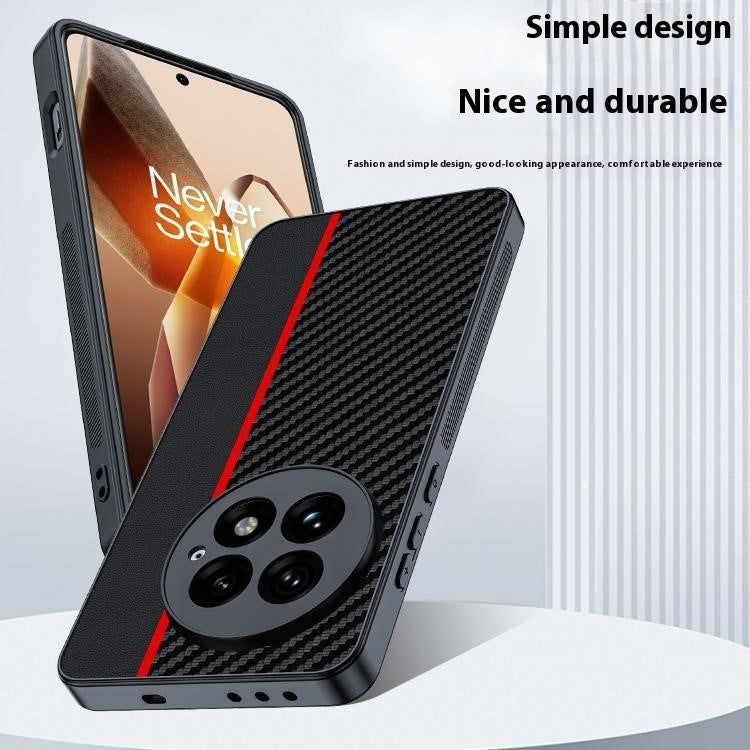 For OnePlus 13 Case Carbon Fiber Texture Ultra Slim PC Phone Cover - Black+Red
