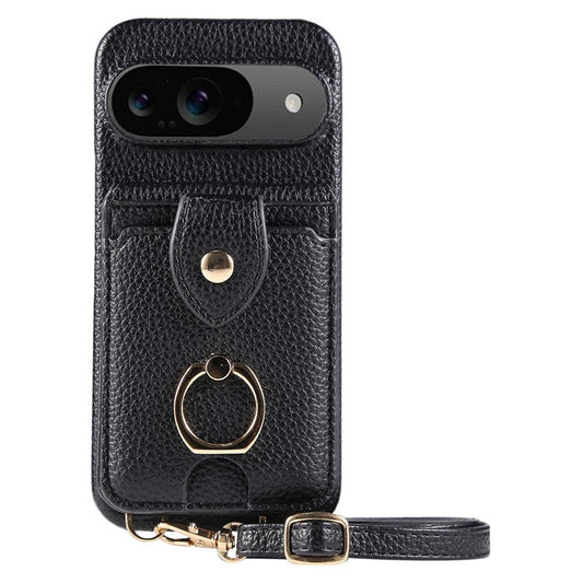 For Google Pixel 9 Case with Card Holder, Shoulder Strap PC+TPU Ring Kickstand Phone Back Cover - Black