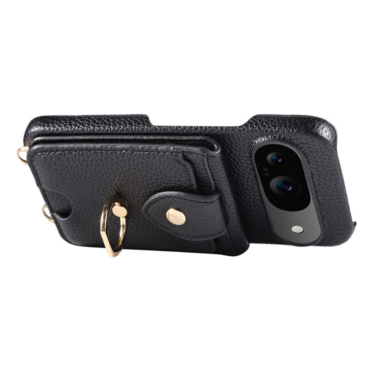 For Google Pixel 9 Case with Card Holder, Shoulder Strap PC+TPU Ring Kickstand Phone Back Cover - Black