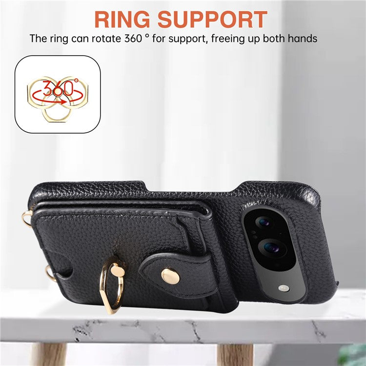 For Google Pixel 9 Case with Card Holder, Shoulder Strap PC+TPU Ring Kickstand Phone Back Cover - Black