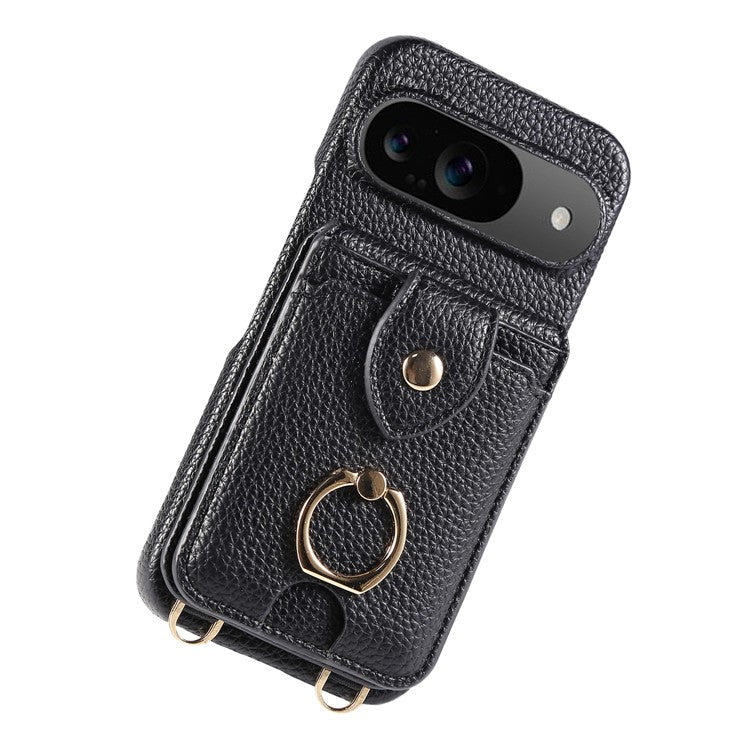 For Google Pixel 9 Case with Card Holder, Shoulder Strap PC+TPU Ring Kickstand Phone Back Cover - Black