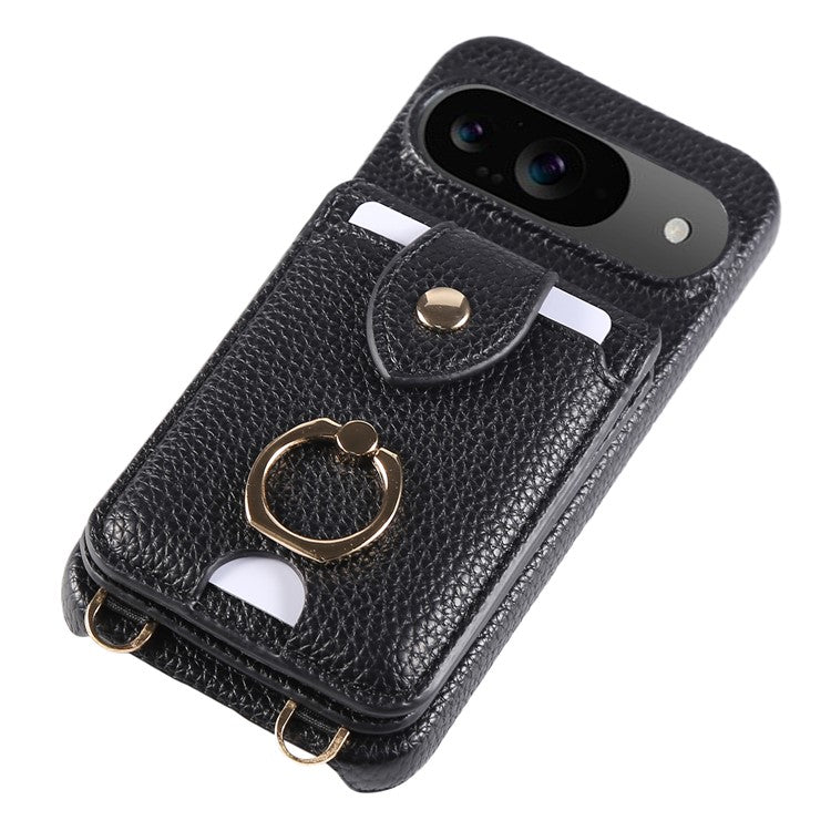 For Google Pixel 9 Case with Card Holder, Shoulder Strap PC+TPU Ring Kickstand Phone Back Cover - Black