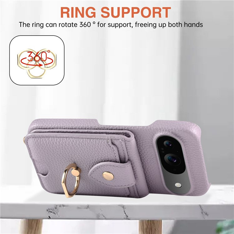 For Google Pixel 9 Case with Card Holder, Shoulder Strap PC+TPU Ring Kickstand Phone Back Cover - Purplish