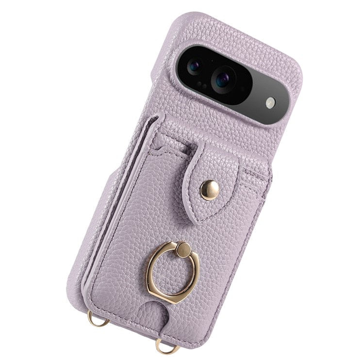 For Google Pixel 9 Case with Card Holder, Shoulder Strap PC+TPU Ring Kickstand Phone Back Cover - Purplish