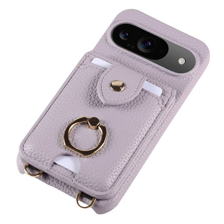 For Google Pixel 9 Case with Card Holder, Shoulder Strap PC+TPU Ring Kickstand Phone Back Cover - Purplish