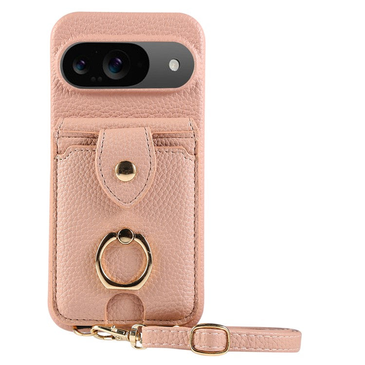 For Google Pixel 9 Case with Card Holder, Shoulder Strap PC+TPU Ring Kickstand Phone Back Cover - Flesh