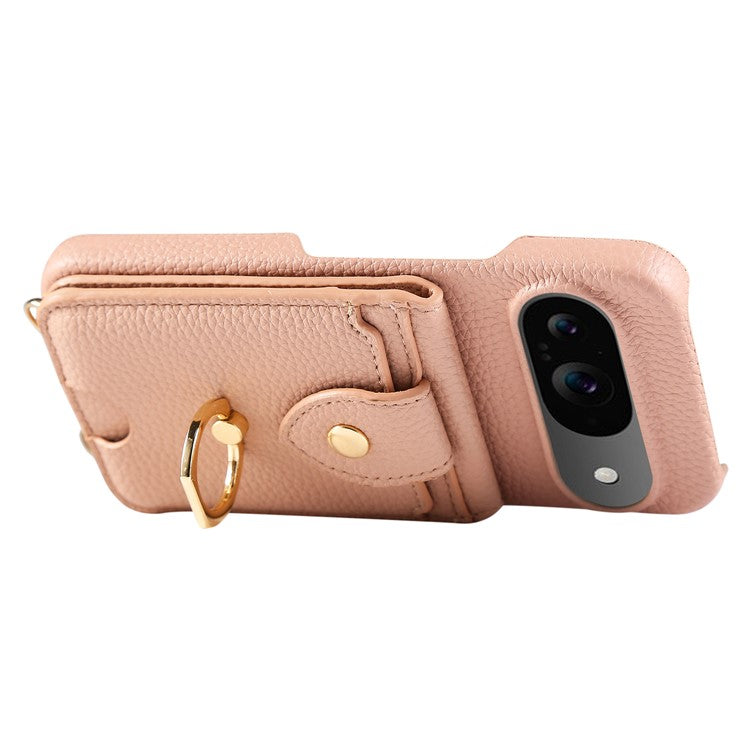 For Google Pixel 9 Case with Card Holder, Shoulder Strap PC+TPU Ring Kickstand Phone Back Cover - Flesh