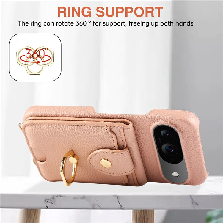 For Google Pixel 9 Case with Card Holder, Shoulder Strap PC+TPU Ring Kickstand Phone Back Cover - Flesh