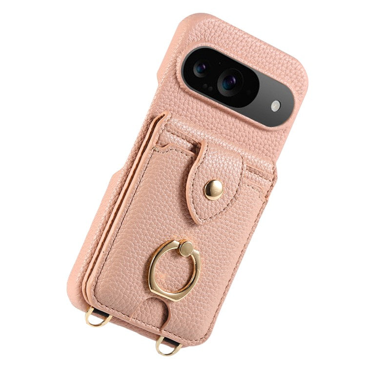 For Google Pixel 9 Case with Card Holder, Shoulder Strap PC+TPU Ring Kickstand Phone Back Cover - Flesh