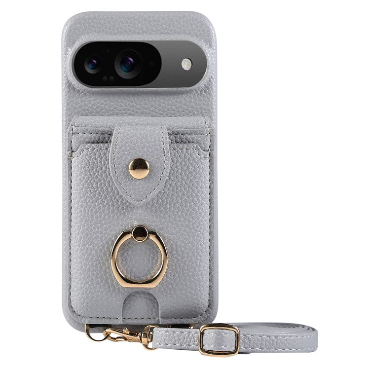 For Google Pixel 9 Case with Card Holder, Shoulder Strap PC+TPU Ring Kickstand Phone Back Cover - Grey Blue