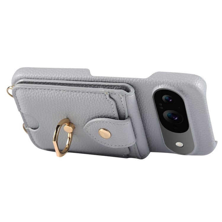 For Google Pixel 9 Case with Card Holder, Shoulder Strap PC+TPU Ring Kickstand Phone Back Cover - Grey Blue