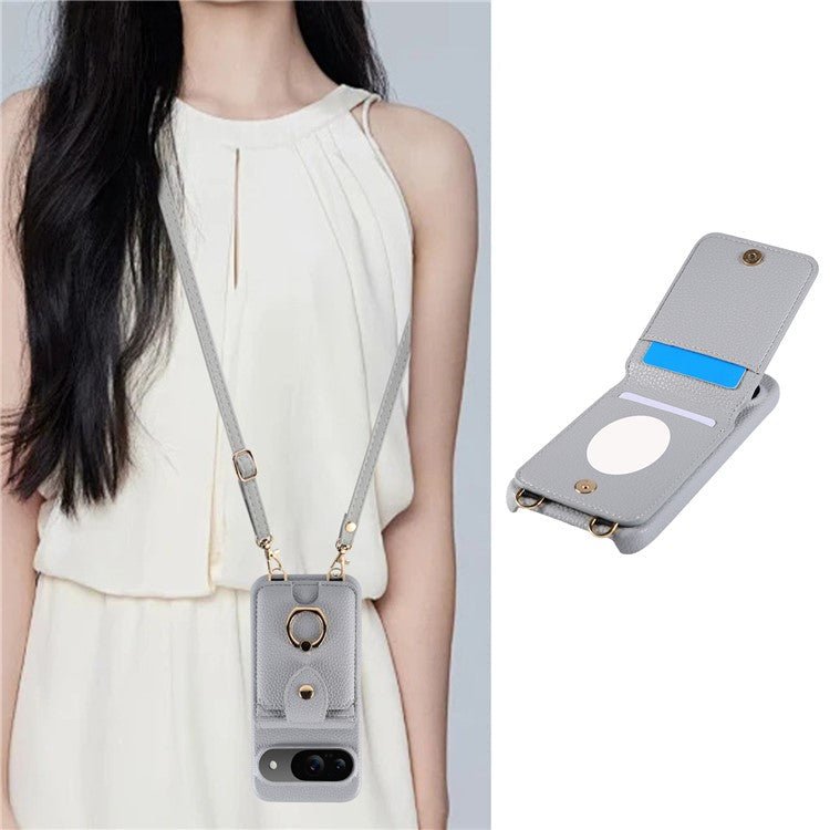 For Google Pixel 9 Case with Card Holder, Shoulder Strap PC+TPU Ring Kickstand Phone Back Cover - Grey Blue