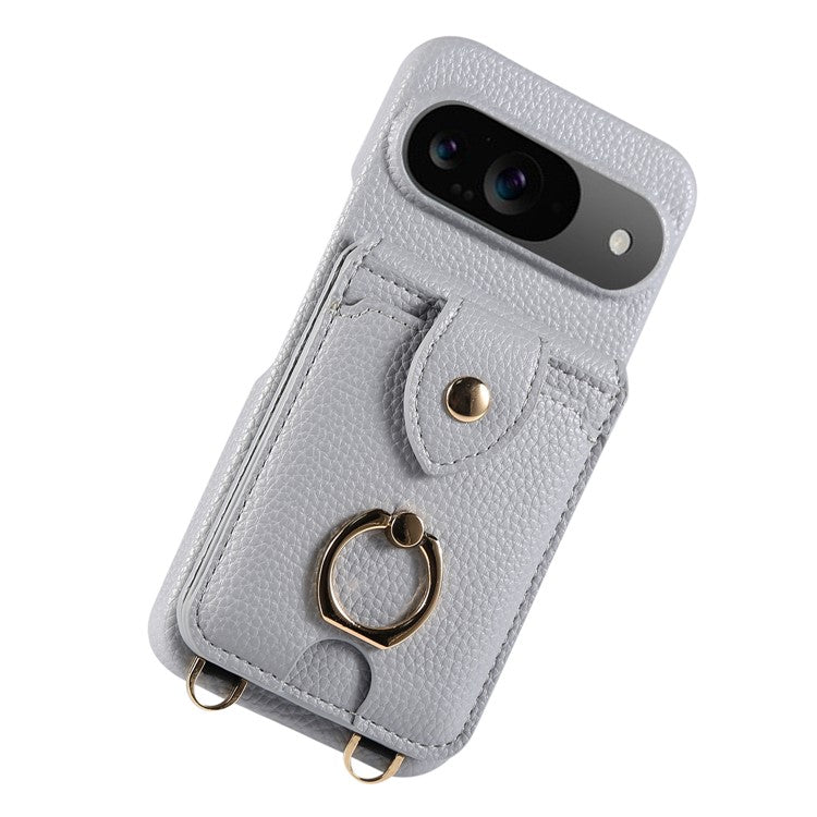 For Google Pixel 9 Case with Card Holder, Shoulder Strap PC+TPU Ring Kickstand Phone Back Cover - Grey Blue