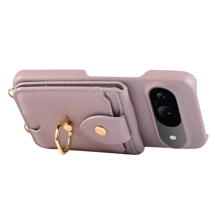For Google Pixel 9 Case with Card Holder, Shoulder Strap PC+TPU Ring Kickstand Phone Back Cover - Purple