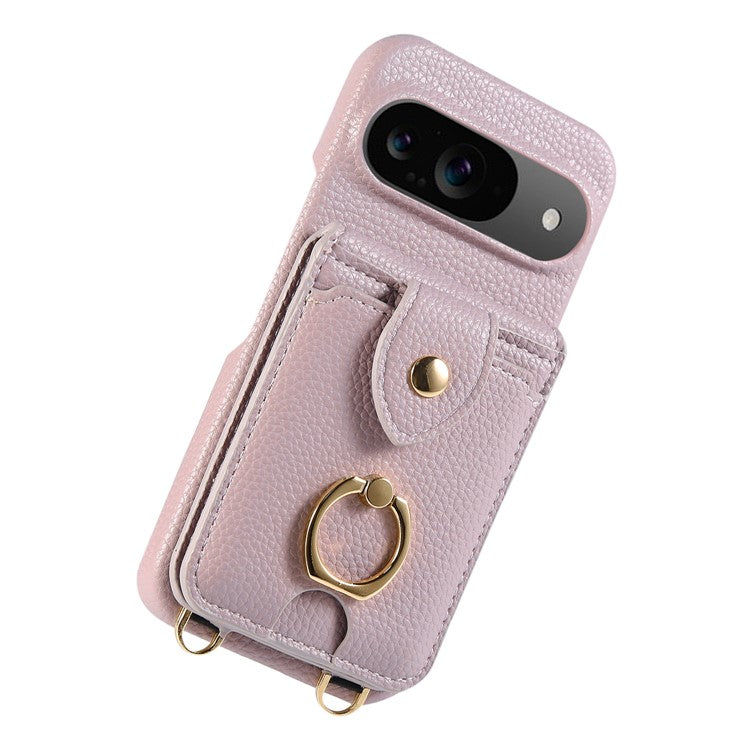 For Google Pixel 9 Case with Card Holder, Shoulder Strap PC+TPU Ring Kickstand Phone Back Cover - Purple