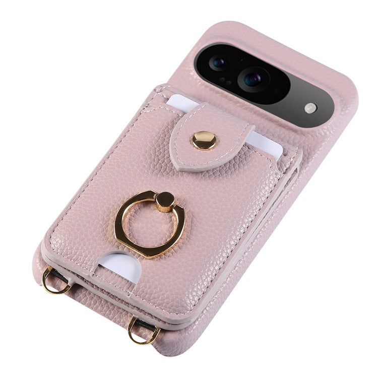For Google Pixel 9 Case with Card Holder, Shoulder Strap PC+TPU Ring Kickstand Phone Back Cover - Purple