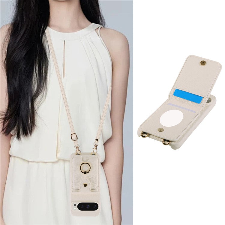 For Google Pixel 9 Pro XL  /  9 Pro Case with Card Holder, Shoulder Strap PC+TPU Ring Kickstand Phone Back Cover - White